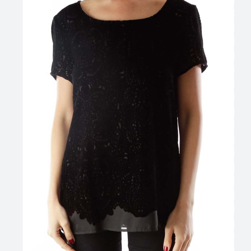 Loft Black Lace Top Shirt NWT $59.50 Velour Burnout Velvet Medium Short Sleeve